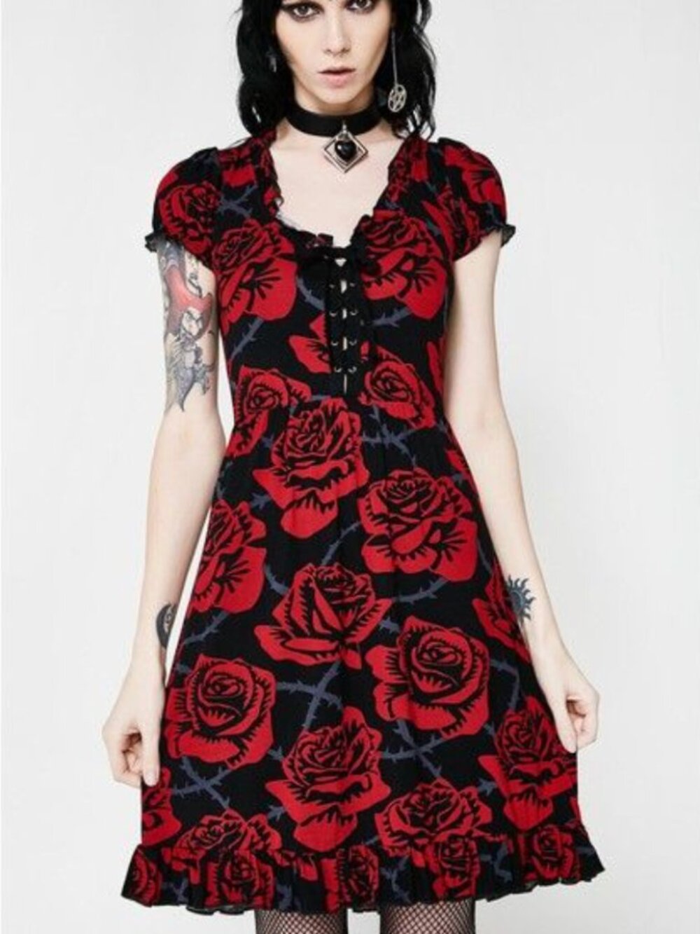 Killstar Eden Doll Rose Barbed Wire Lace Up Ruffle Mini Dress XS Black Red Goth